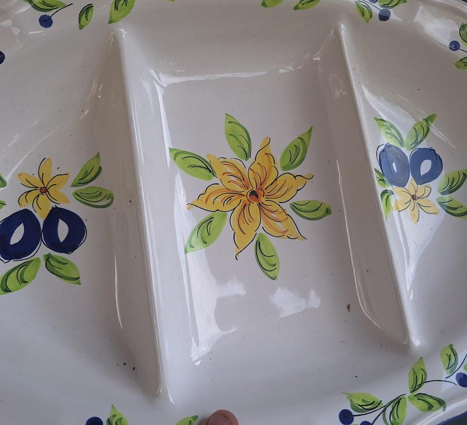 Hand Painted Ceramic Divided Platter: Olive Pattern Appetizer Dish Mediterranean Style