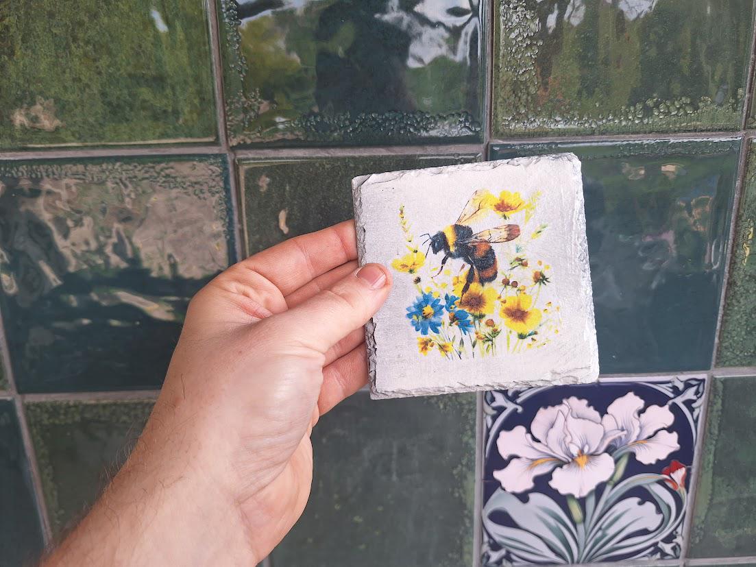 Set of 4 Slate Coasters: Hedgehog, Alpaca, Bumblebee, Robin Wildlife Illustrations