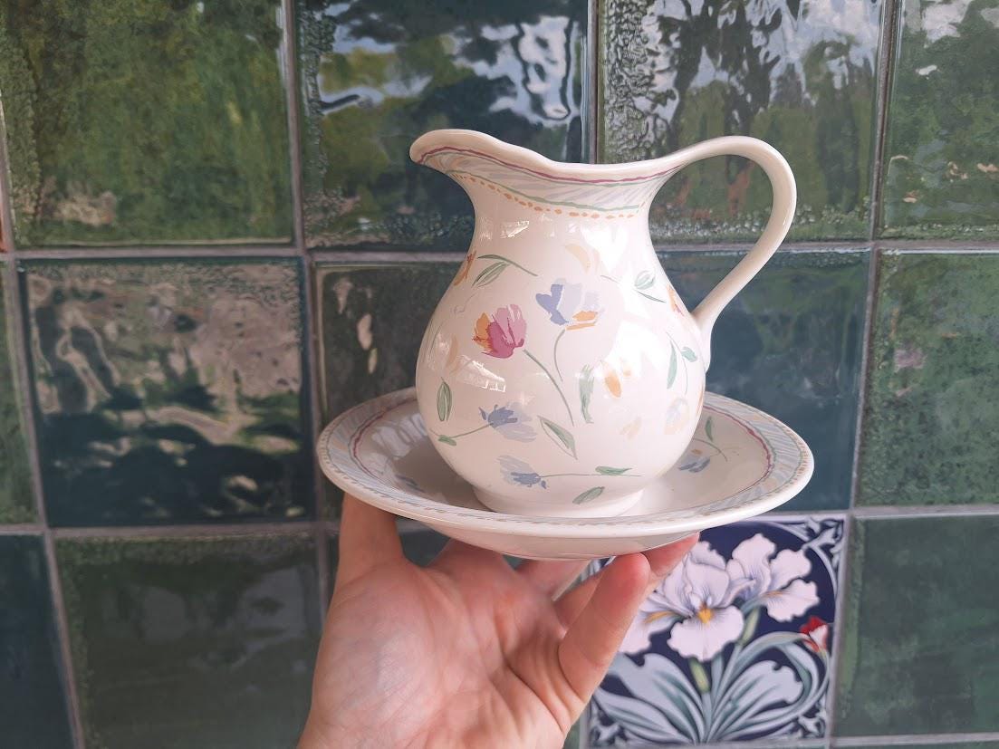 Vintage Floral Ceramic Wash Jug & Bowl Set Cottagecore Pitcher Basin Set Shabby Chic Decor