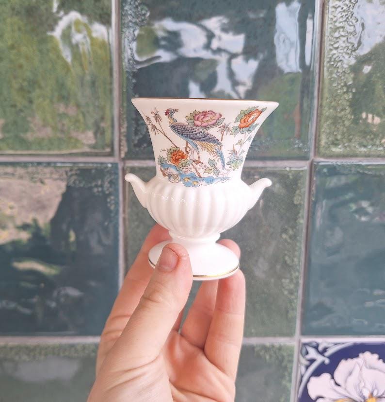 Wedgwood Kutani Crane Miniature Vase Urn, Peacock Floral Bone China Display Ornament