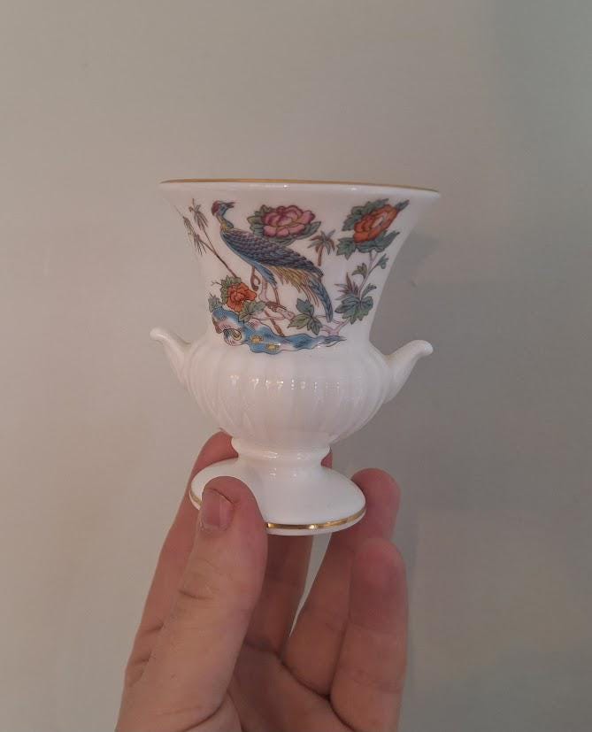 Wedgwood Kutani Crane Miniature Vase Urn, Peacock Floral Bone China Display Ornament