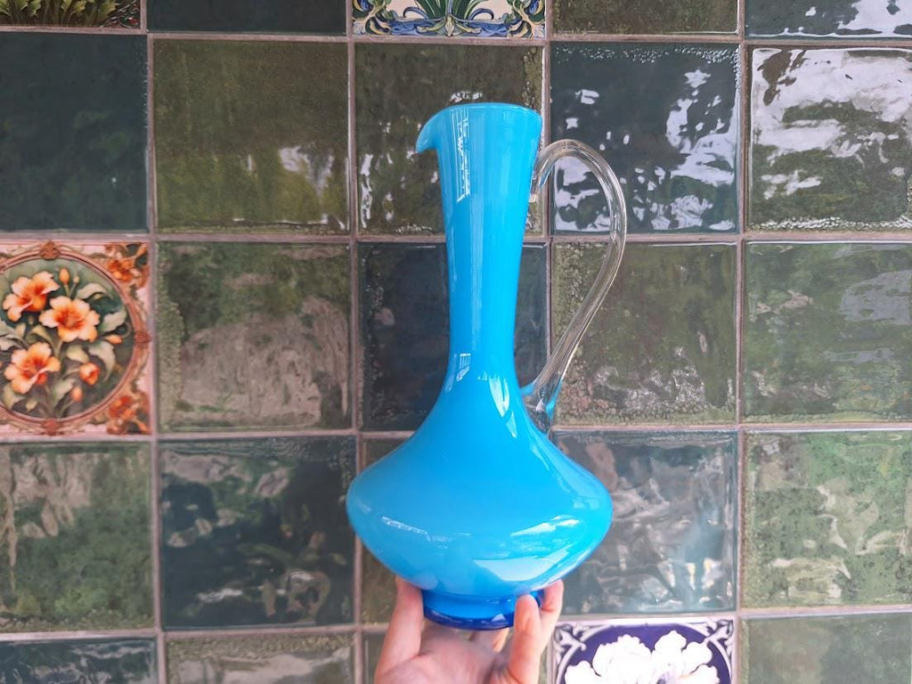 Vintage Blue Opaline Glass Ewer Jug Vase, Hand Blown Art Glass Pitcher