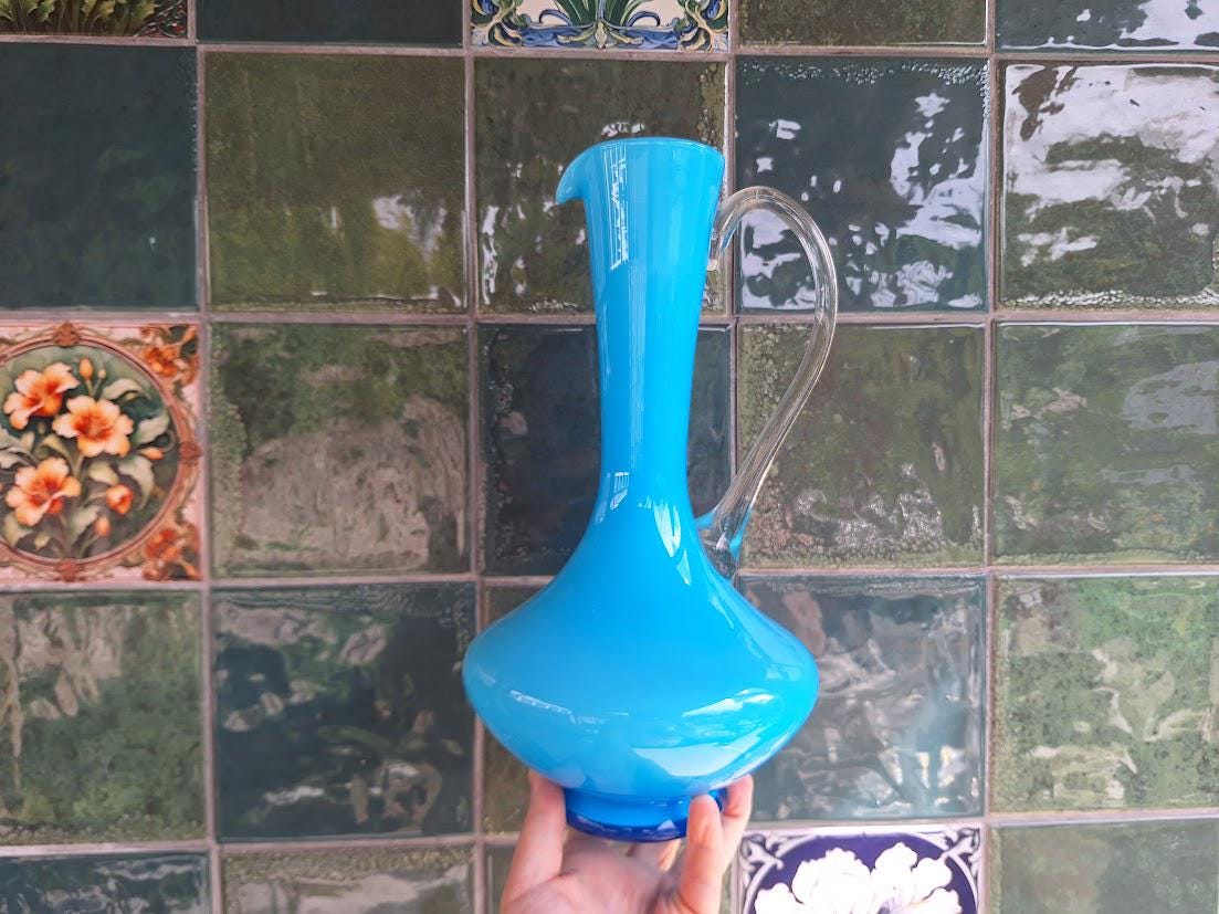 Vintage Blue Opaline Glass Ewer Jug Vase, Hand Blown Art Glass Pitcher