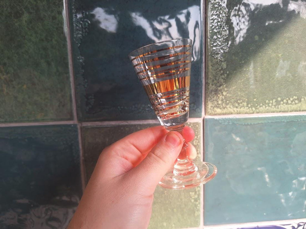 Set of 4 Vintage Liqueur Glasses: Gold Band Striped Aperitif Stemware