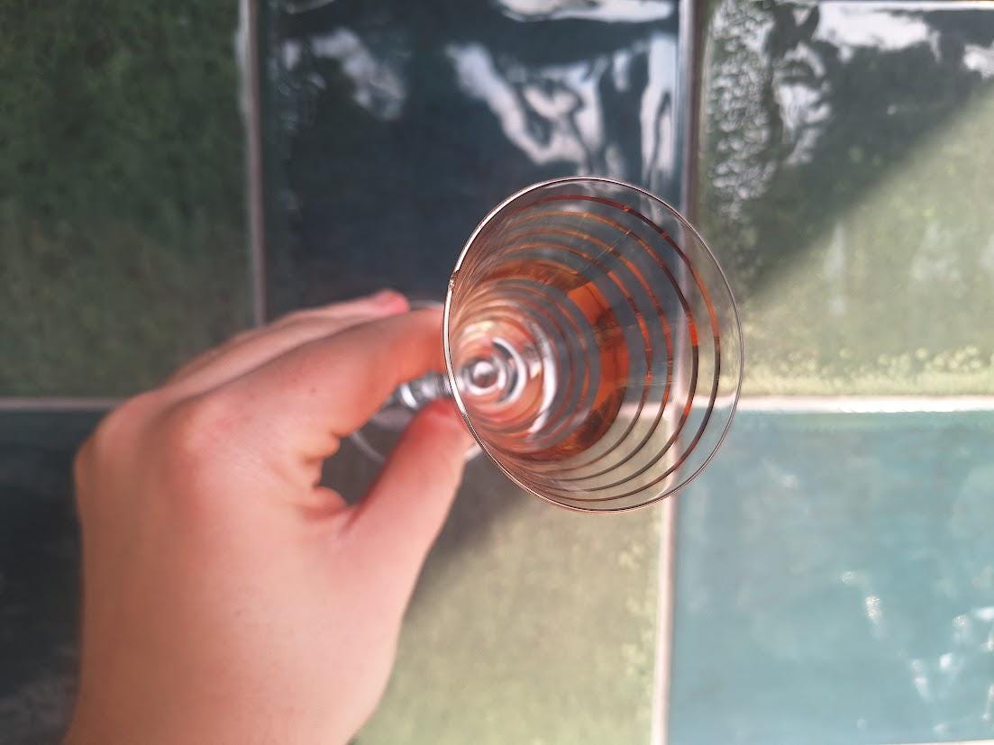 Set of 4 Vintage Liqueur Glasses: Gold Band Striped Aperitif Stemware