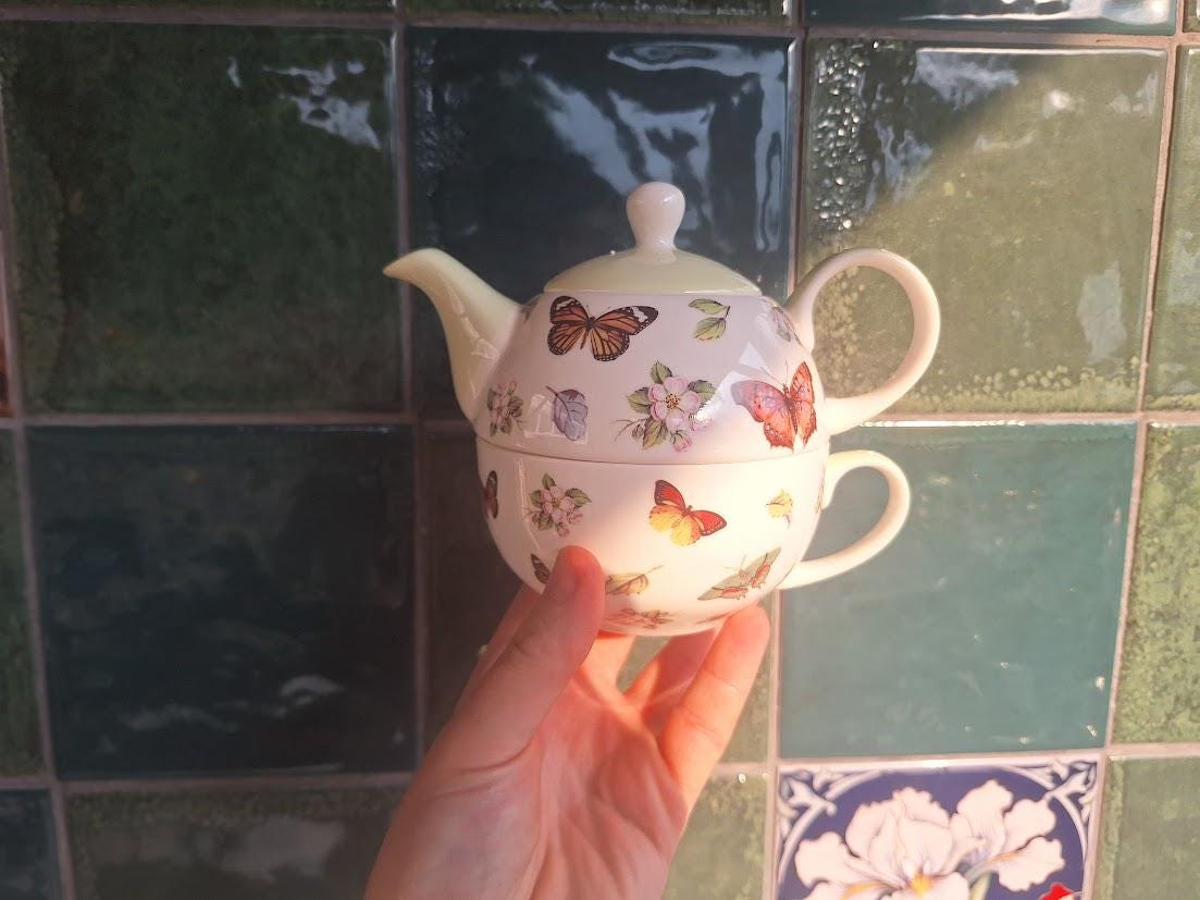 Dunelm Fine Bone China Tea For One Set: Butterfly Floral Stacking Teapot Cup Cottagecore