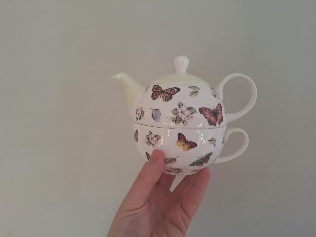 Dunelm Fine Bone China Tea For One Set: Butterfly Floral Stacking Teapot Cup Cottagecore