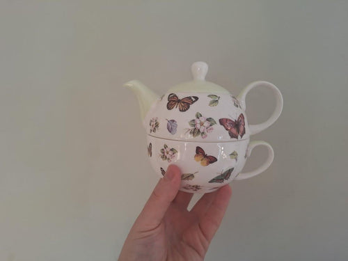 Dunelm Fine Bone China Tea For One Set: Butterfly Floral Stacking Teapot Cup Cottagecore