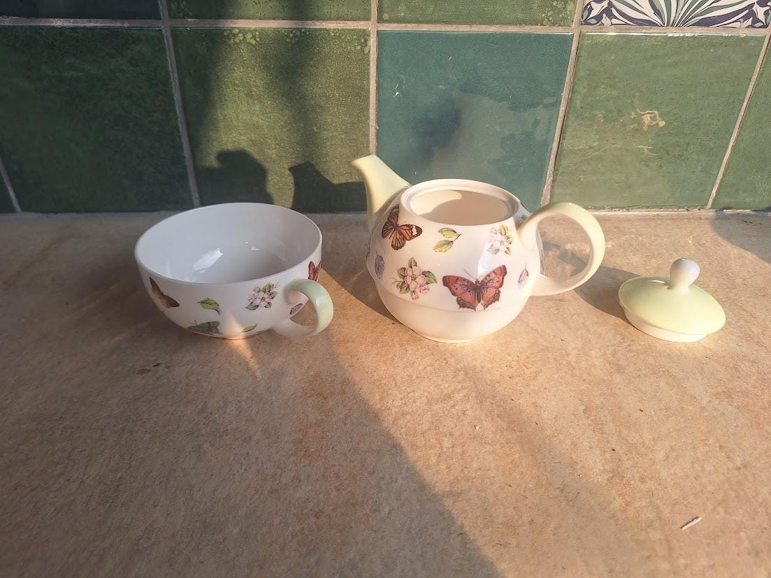 Dunelm Fine Bone China Tea For One Set: Butterfly Floral Stacking Teapot Cup Cottagecore