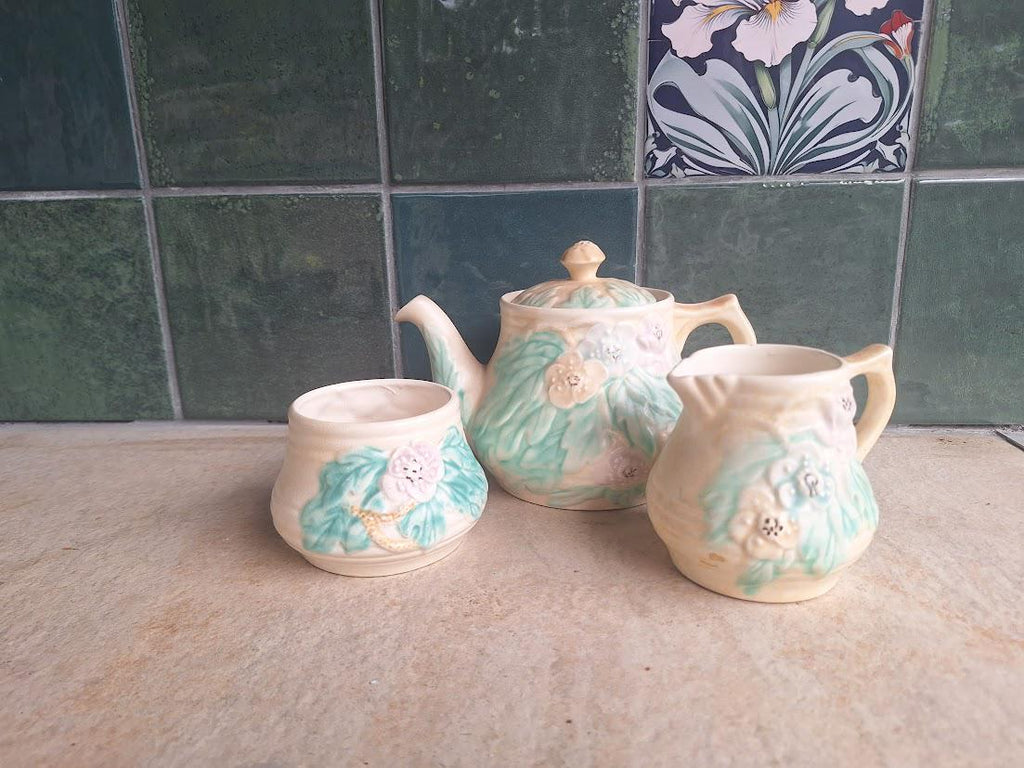 Vintage Arthur Wood 3-Piece Tea Set: Pastel Floral Relief Teapot, Milk Jug, Sugar Bowl