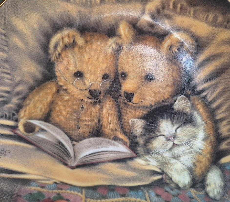 Franklin Mint Bedtime Story Collector Plate: Teddy Bears, Kitten, Nursery Decor