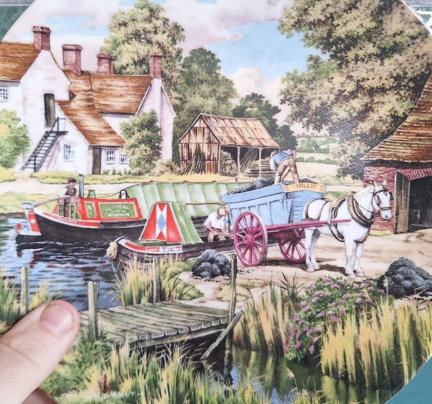 Royal Worcester Collector Plate: Loading Up Canal Boat Scene, Romance Waterways (1990)