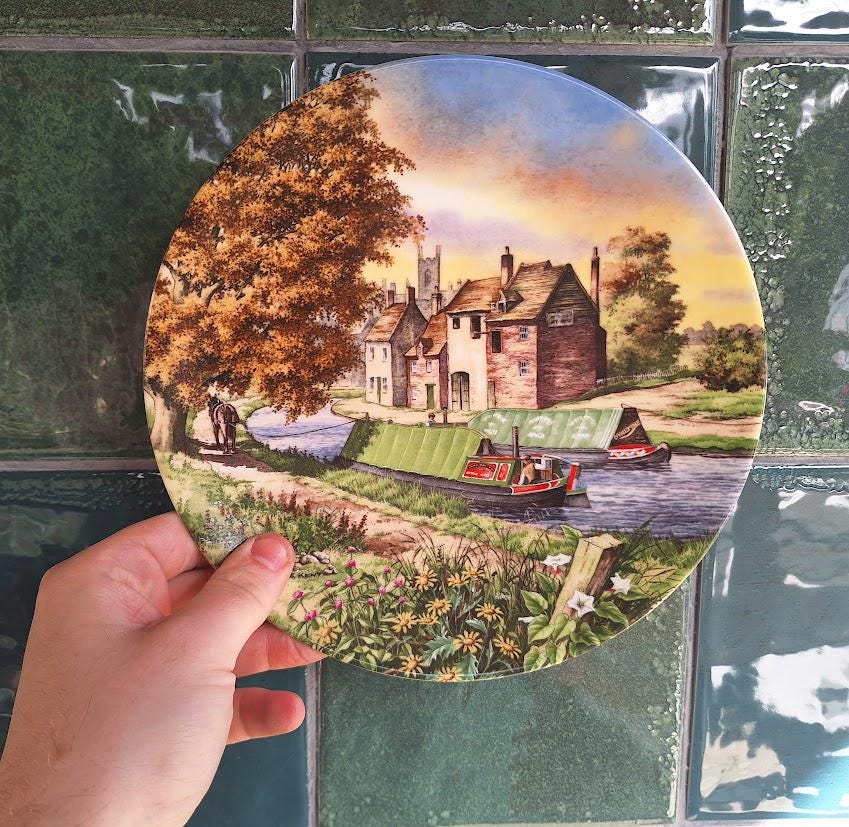Royal Worcester Collector Plate: Journey's End Canal Boat Scene, Roger Kent (1990)