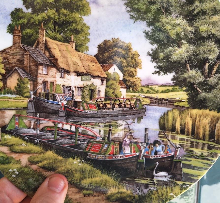 Royal Worcester Collector Plate: Mooring Up Canal Scene by Roger Kent (1990)