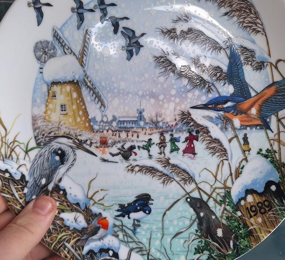 Wedgwood Skating on the Fen Plate: Colin Newman Country Christmas 1989 Bone China