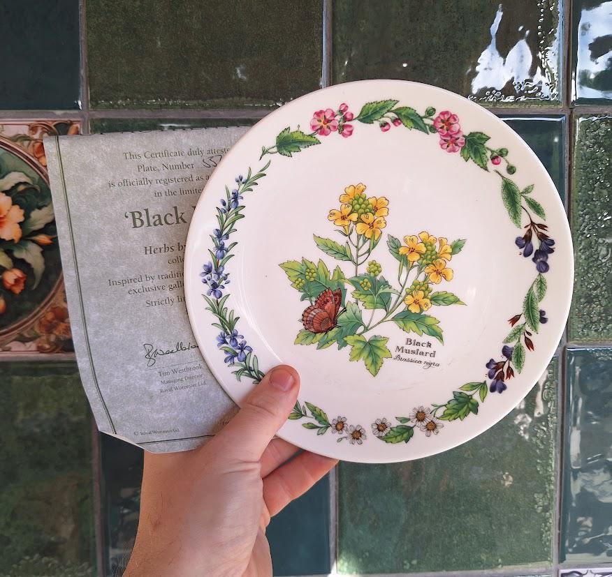 Royal Worcester Black Mustard Collector Plate, Fine Bone China Botanical Butterfly Dish (Boxed)