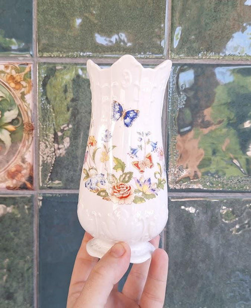 Aynsley Cottage Garden Footed Vase: Embossed Fine Bone China Floral Butterfly (Approx 6 Inch)