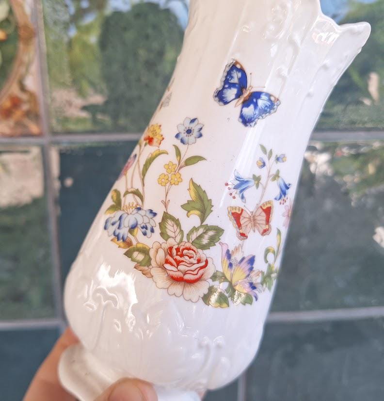 Aynsley Cottage Garden Footed Vase: Embossed Fine Bone China Floral Butterfly (Approx 6 Inch)