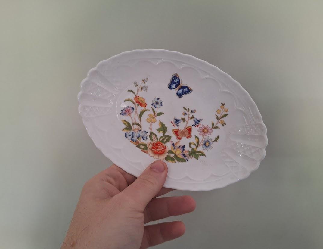 Vintage Aynsley Cottage Garden Oval Dish: Fine Bone China Floral Butterfly Tray Made in England