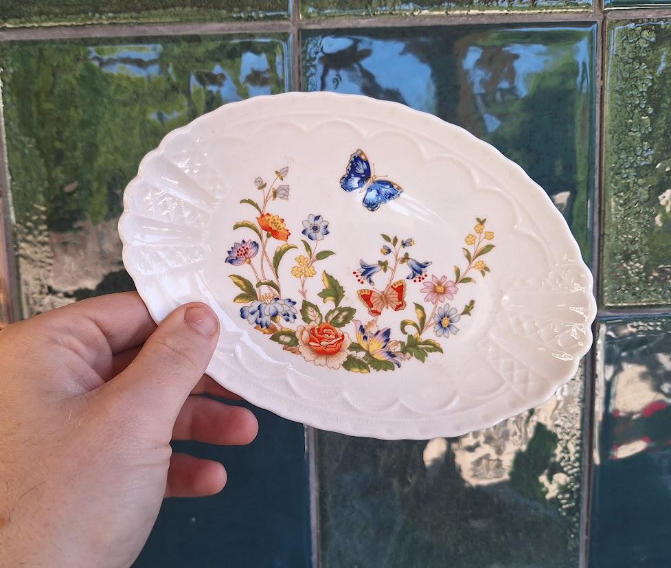 Vintage Aynsley Cottage Garden Oval Dish: Fine Bone China Floral Butterfly Tray Made in England
