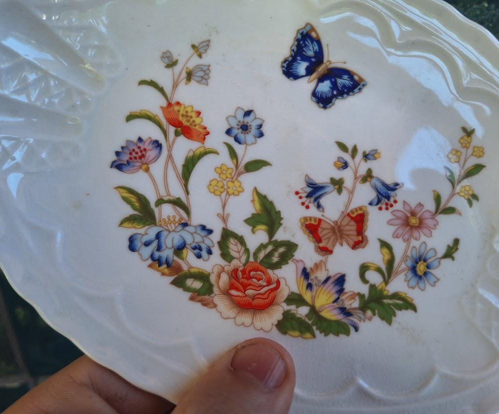 Vintage Aynsley Cottage Garden Oval Dish: Fine Bone China Floral Butterfly Tray Made in England