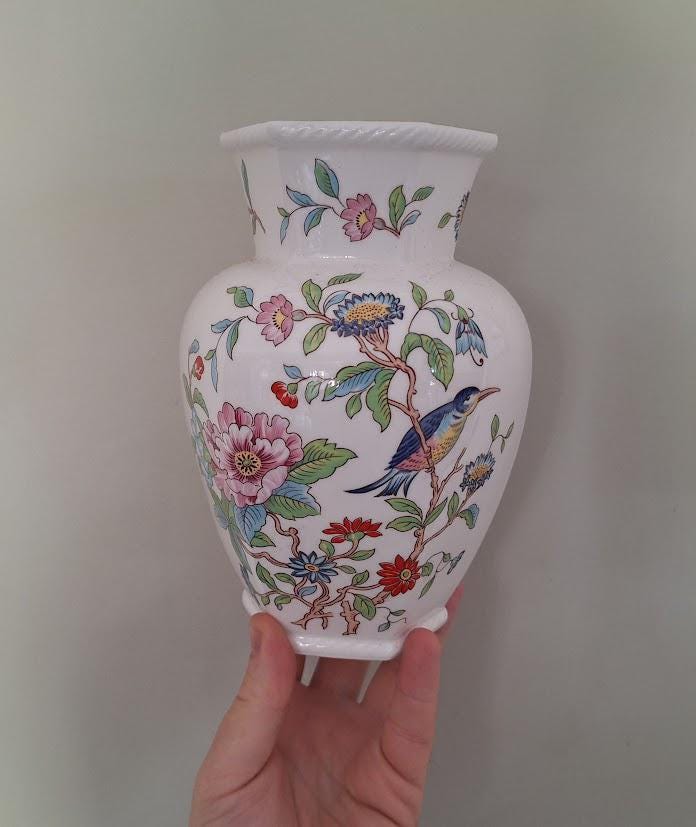 Vintage Aynsley Pembroke Large Hexagonal Vase, Fine English Bone China Bird Floral