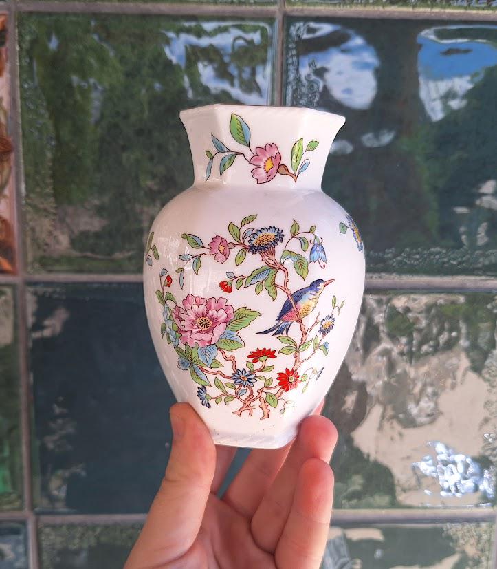 Aynsley Pembroke Hexagonal Vase: English Bone China Bird Floral Chinoiserie Decor