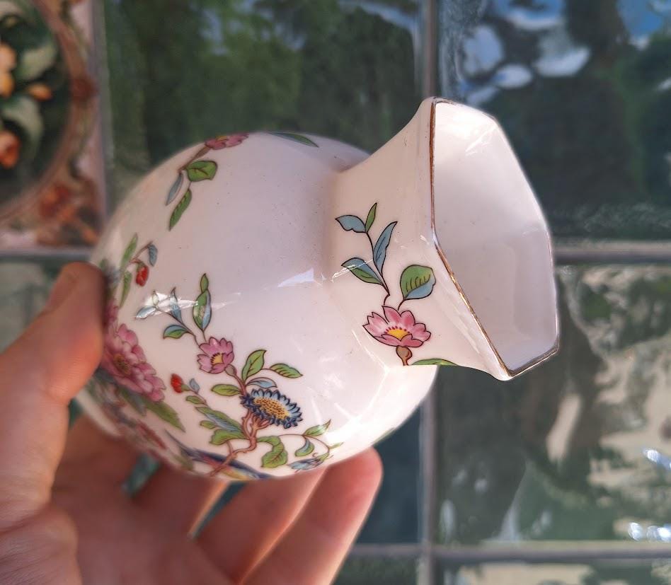 Aynsley Pembroke Hexagonal Vase: English Bone China Bird Floral Chinoiserie Decor