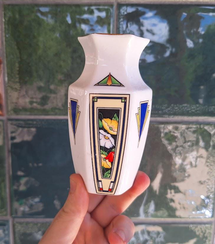 Aynsley Anniversary Collection Hexagonal Floral Vase  Art Deco Style Fine Bone China