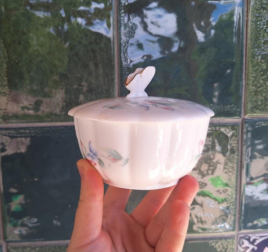 Vintage Aynsley Little Sweetheart Powder Box, Butterfly Lid, Fine Bone China Trinket Pot