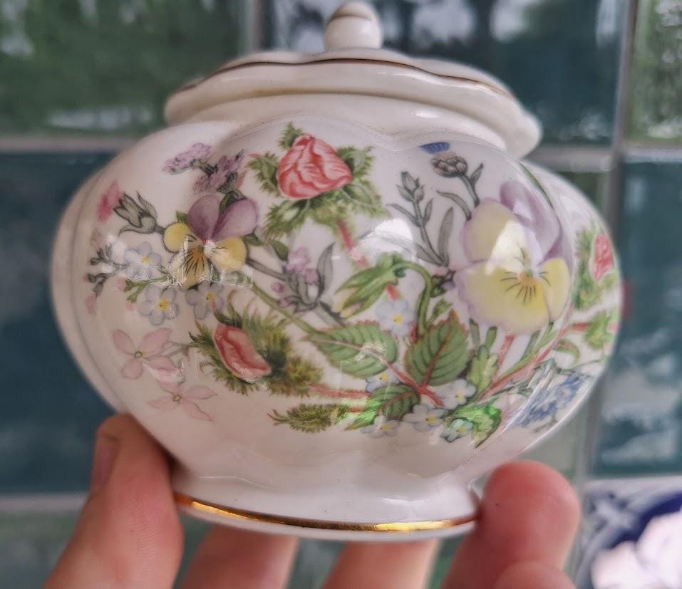 Vintage Aynsley Wild Tudor Ginger Jar, Fine Bone China Floral Sugar Bowl, England