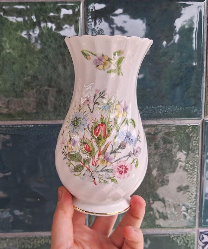 Vintage Aynsley Wild Tudor Vase, Fine Bone China Floral, Made England, 1990s