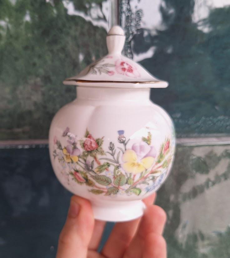 Vintage Aynsley Wild Tudor Small Ginger Jar 5.5in, Lidded Fine Bone China Floral Spice Storage Pot, Gold Trim, Made in England