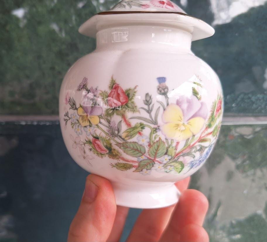 Vintage Aynsley Wild Tudor Small Ginger Jar 5.5in, Lidded Fine Bone China Floral Spice Storage Pot, Gold Trim, Made in England