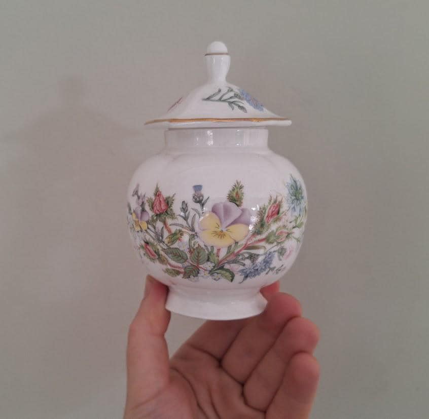 Vintage Aynsley Wild Tudor Small Ginger Jar 5.5in, Lidded Fine Bone China Floral Spice Storage Pot, Gold Trim, Made in England