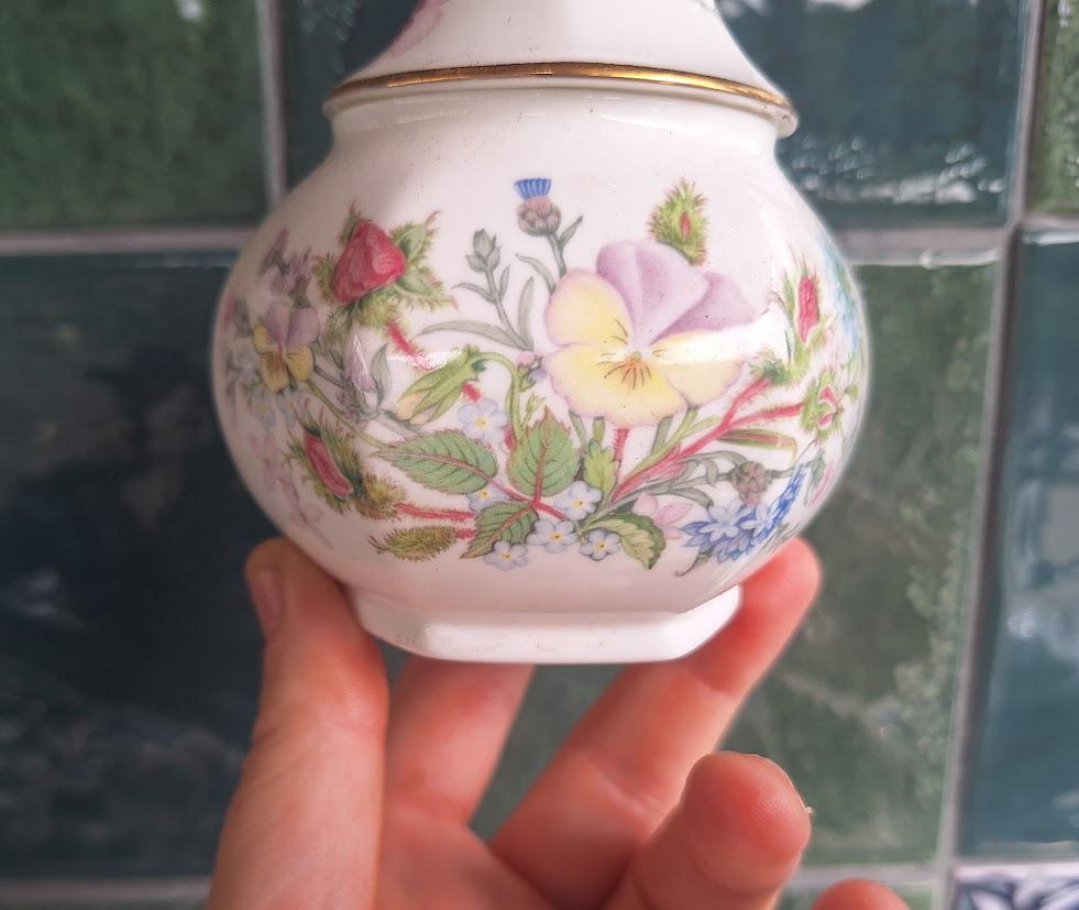Vintage Aynsley Wild Tudor Ginger Jar, Small Hexagonal Fine Bone China Spice Pot
