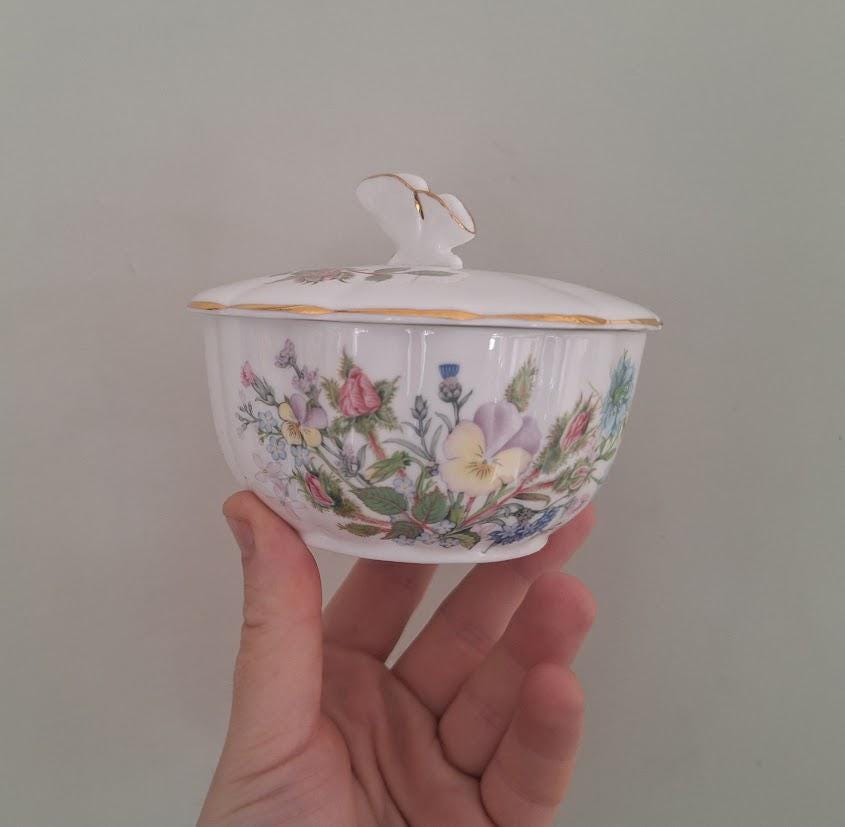 Vintage Aynsley Wild Tudor Powder Box with Butterfly Lid Fine Bone China Floral Trinket Box