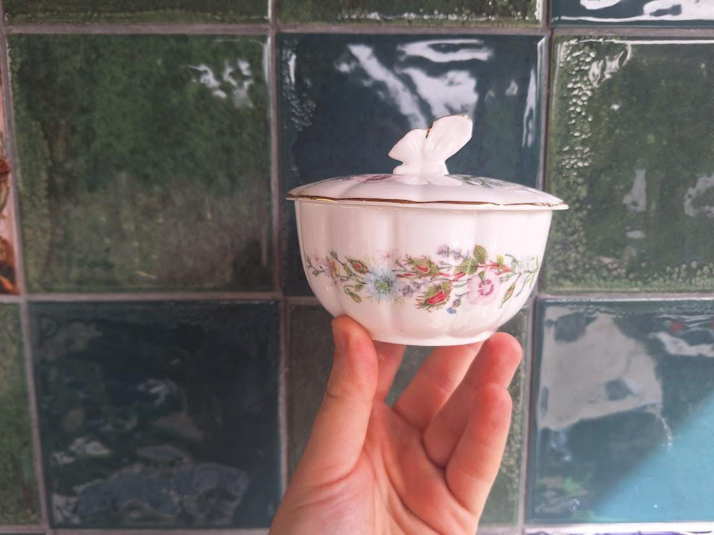 Vintage Aynsley Wild Tudor Powder Box with Butterfly Lid Fine Bone China Floral Trinket Box