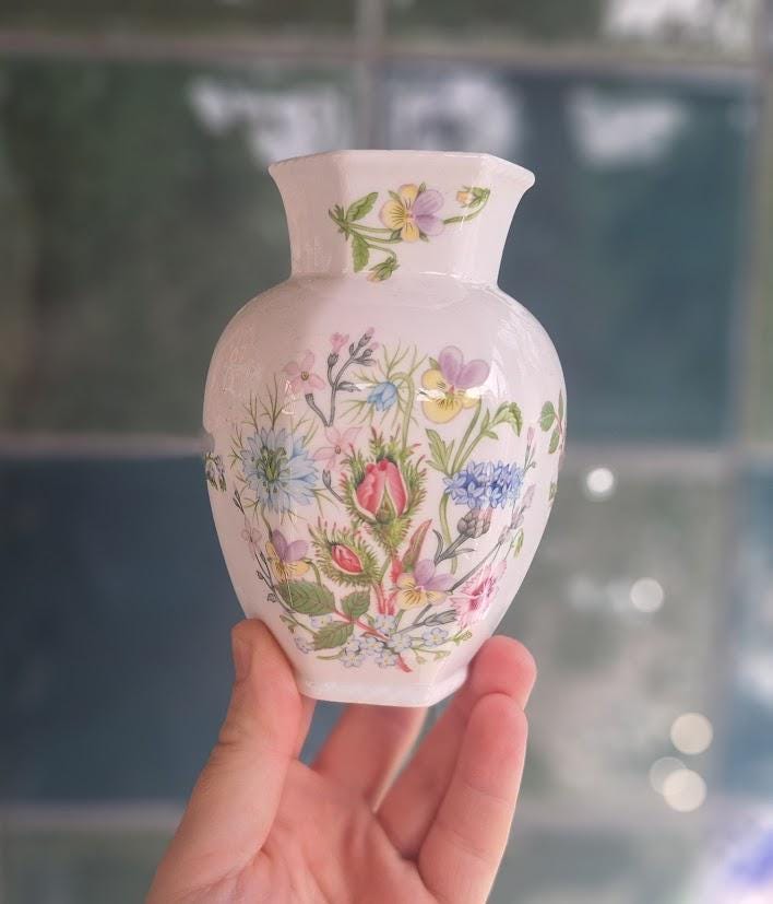 Vintage Aynsley Wild Tudor Hexagonal Vase, Fine Bone China Posy Vase