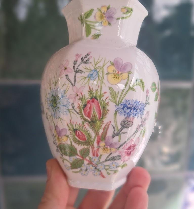 Vintage Aynsley Wild Tudor Hexagonal Vase, Fine Bone China Posy Vase