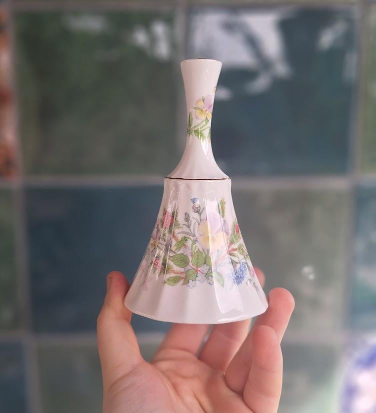 Vintage Aynsley Wild Tudor Portland Bell 5.25in Fine Bone China Floral Hand Bell with Clapper Gold Trim Made in England 1990s