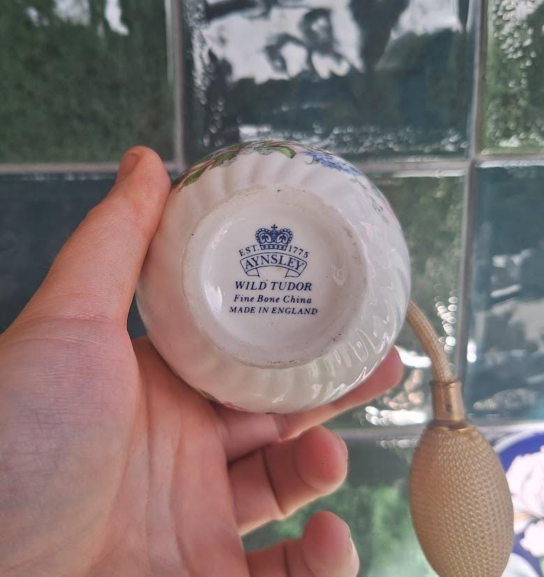 Vintage Aynsley Wild Tudor Perfume Atomiser, Fine Bone China Scent Bottle, Gold Tassel