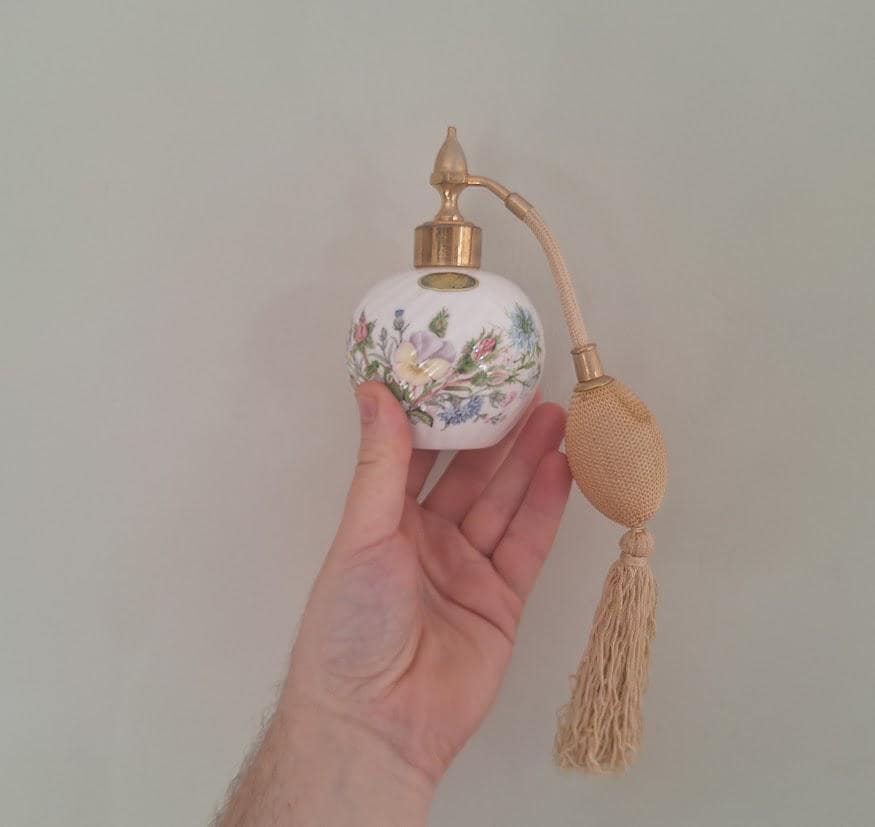 Vintage Aynsley Wild Tudor Perfume Atomiser, Fine Bone China Scent Bottle, Gold Tassel