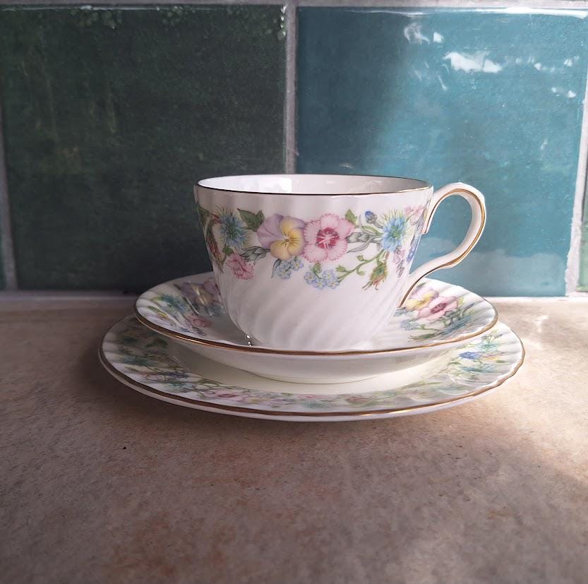 Vintage Aynsley Wild Tudor Tea Trio, Crocus Relief Bone China Cup, Saucer, Plate