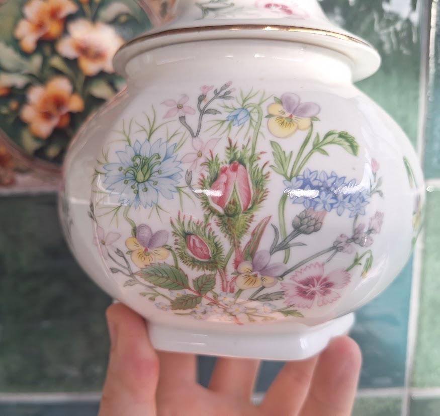 Vintage Aynsley Wild Tudor Hexagonal Caddy, Fine Bone China Floral Tea Jar