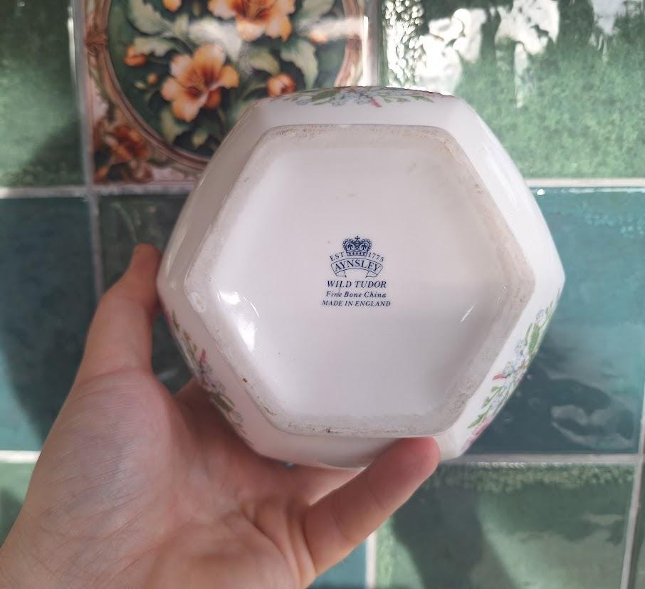 Vintage Aynsley Wild Tudor Hexagonal Caddy, Fine Bone China Floral Tea Jar