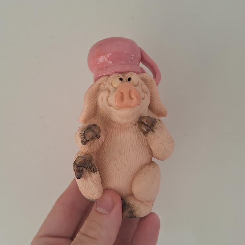 Vintage Piggin Potty Figurine 1997 David Corbridge Handmade Resin Pig Wearing Pink Potty Hat Collectable Ornament No Box