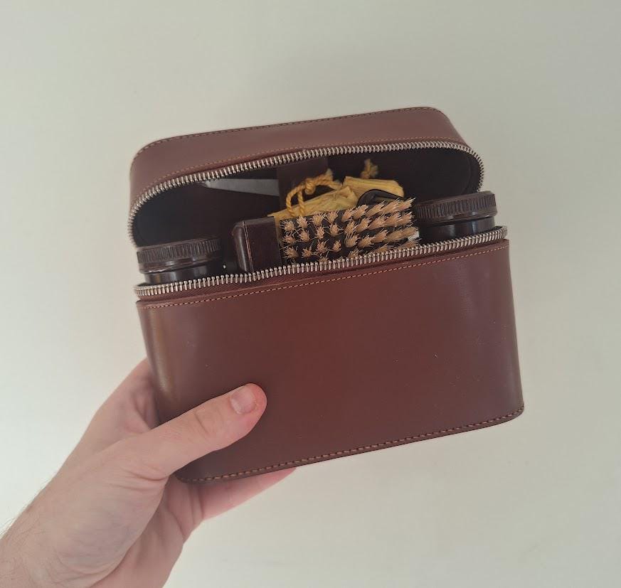 Vintage 1950s 1960s Gentleman's Travel Grooming Set Brown Zip Case Shaving Brush Comb Clothes Brush Toiletry Vanity Kit