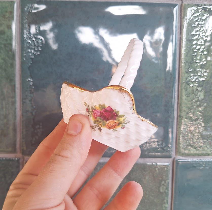Vintage Royal Albert Old Country Roses Miniature Ornamental Basket, Twisted Handle English Bone China Gold Trim Floral Trinket Dish