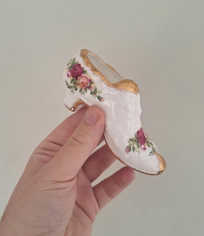 Vintage Royal Albert Old Country Roses 4.5in Bone China Shoe Ornament, Floral High Heel Slipper Figurine, Made in England
